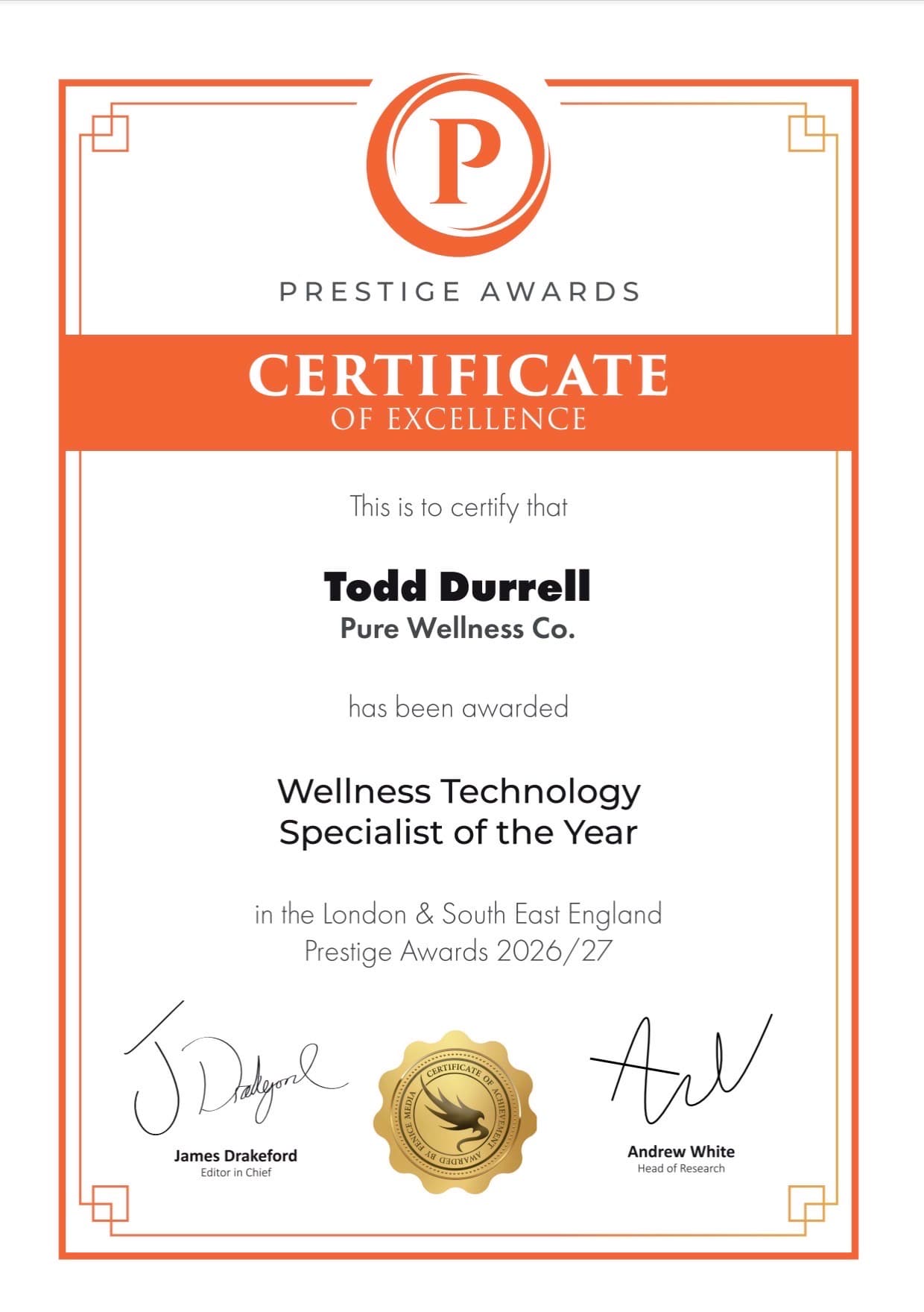 Prestige Awards certificate naming Pure Wellness Co. Wellness Technology Specialist of the Year