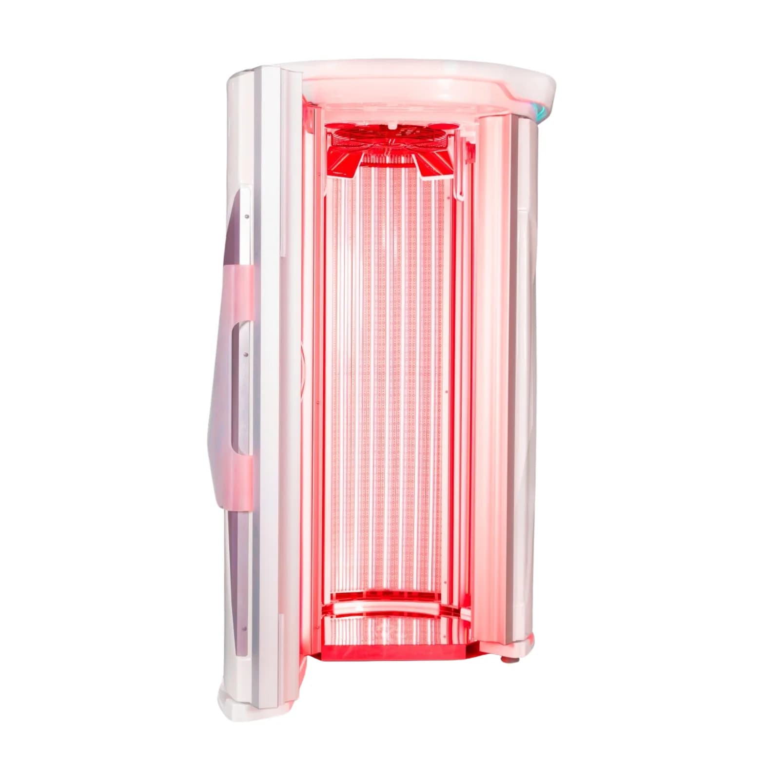 A stand-up tanning bed with red UV lights and white exterior.