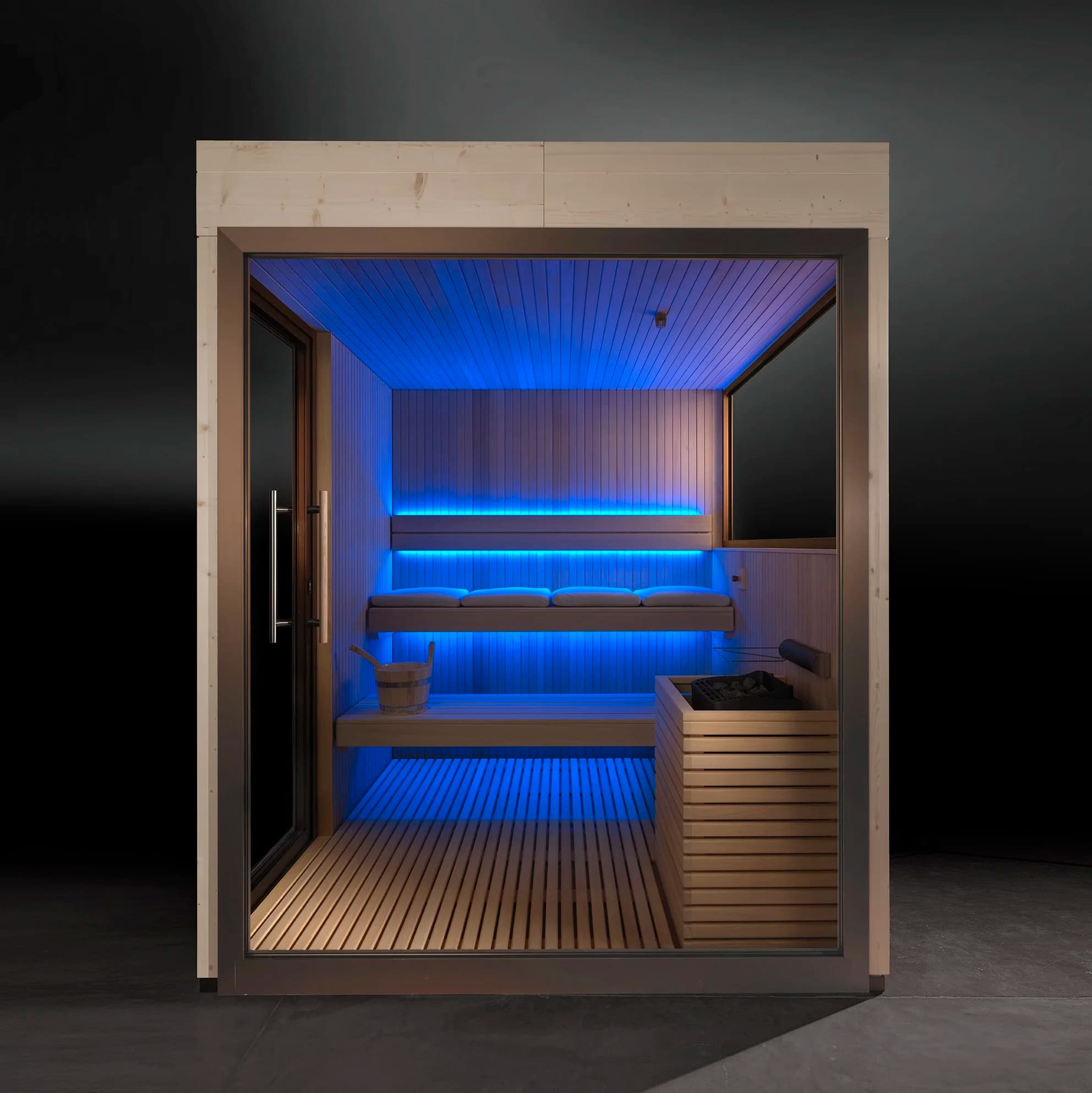 Spa interior showing sauna cabinetry and lighting design