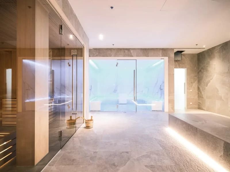 Commercial wellness suite with tiered sauna benching