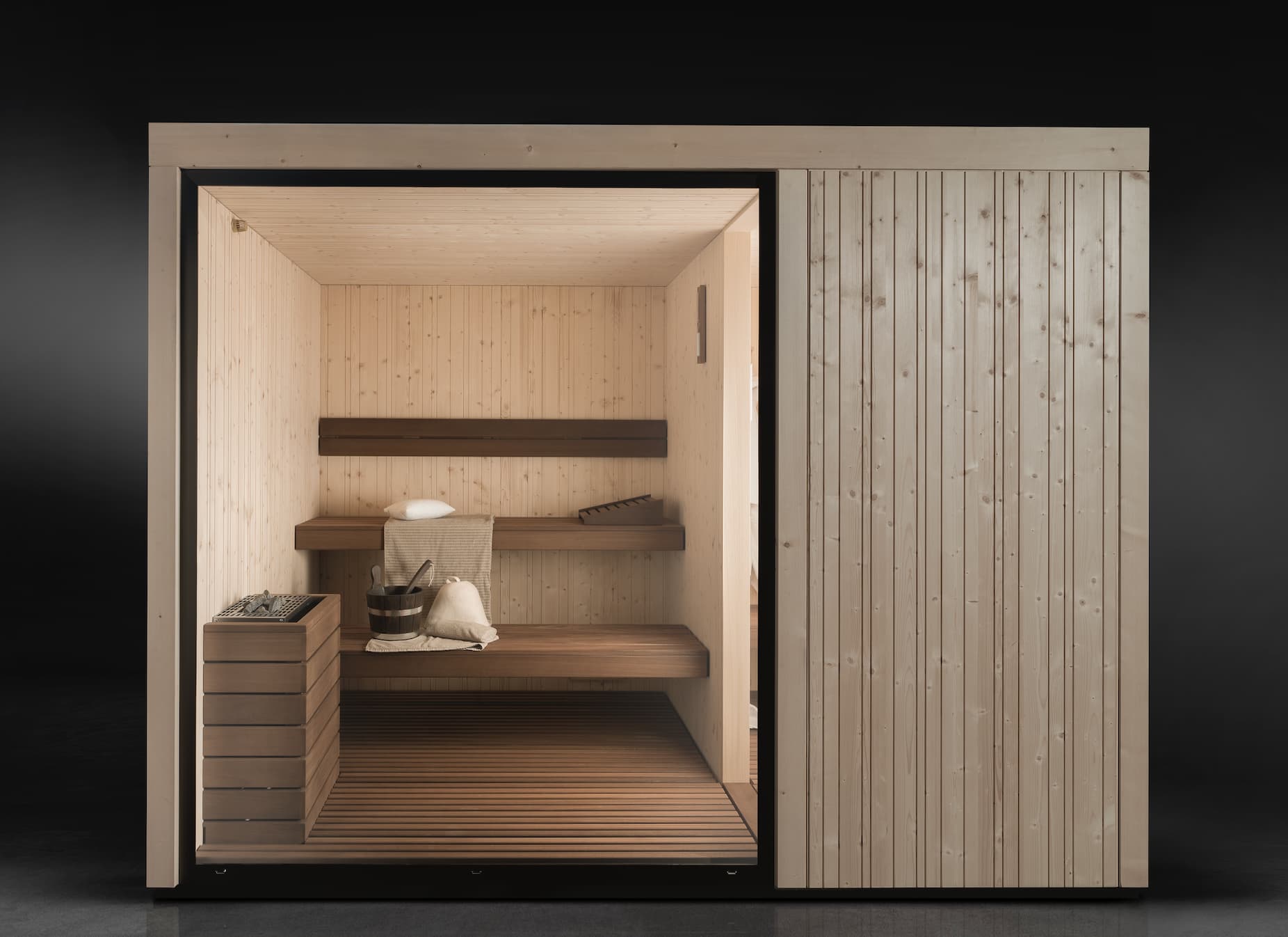 Panorama outdoor sauna cabin, glazed front with timber benching